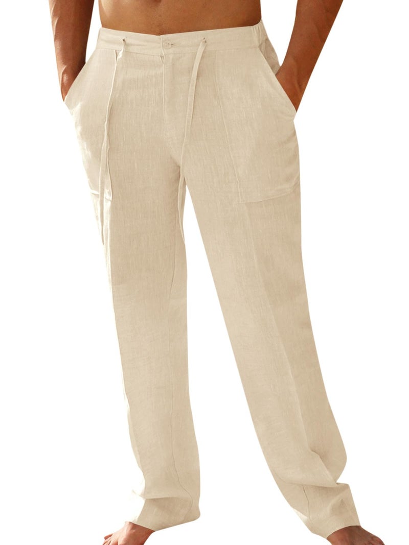 PASLTER Mens Casual Linen Pants Loose Fit Straight-Legs Elastic Drawstring Waist Summer Beach Yoga Long Pants A-Beige 29x37/Medium - Image 1